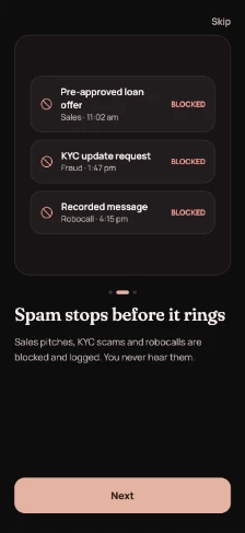CallFiltr screen showing blocked loan offers, KYC scams and robocalls